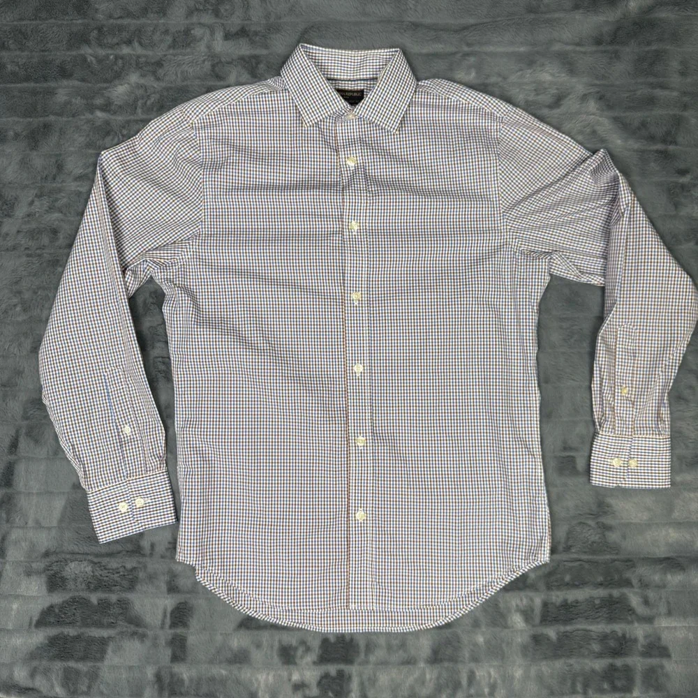 Banana Republic Mens Non Iron Classic Fit Gingham Check Dress Shirt Blue Brown S